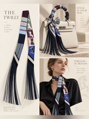 Silk Twilly Scarf in Navy, Pink, Blue with tassel